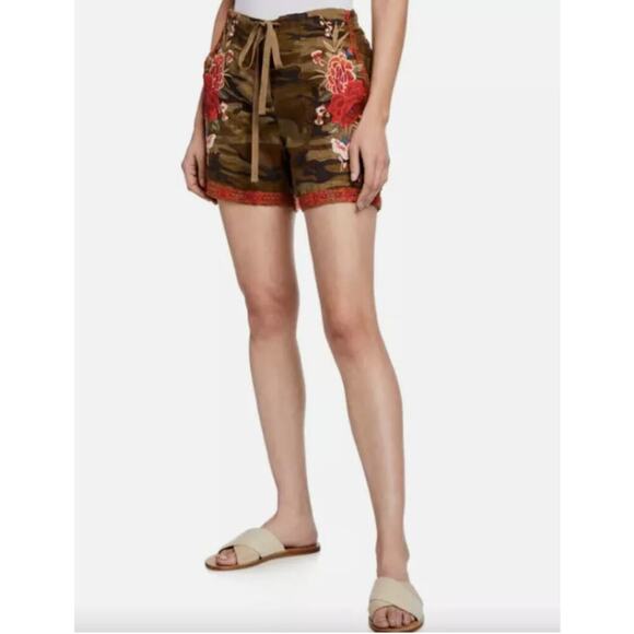 Johnny Was Women's Burken Linen Shorts Camouflauge Floral Embroidery Drawstring - Picture 1 of 8